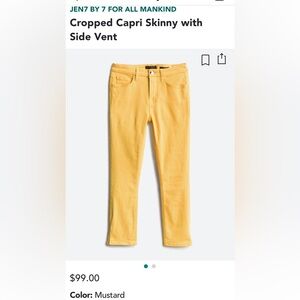 Jen7 by 7 For All Mankind cropped capri skinny with side vent in yellow size 12